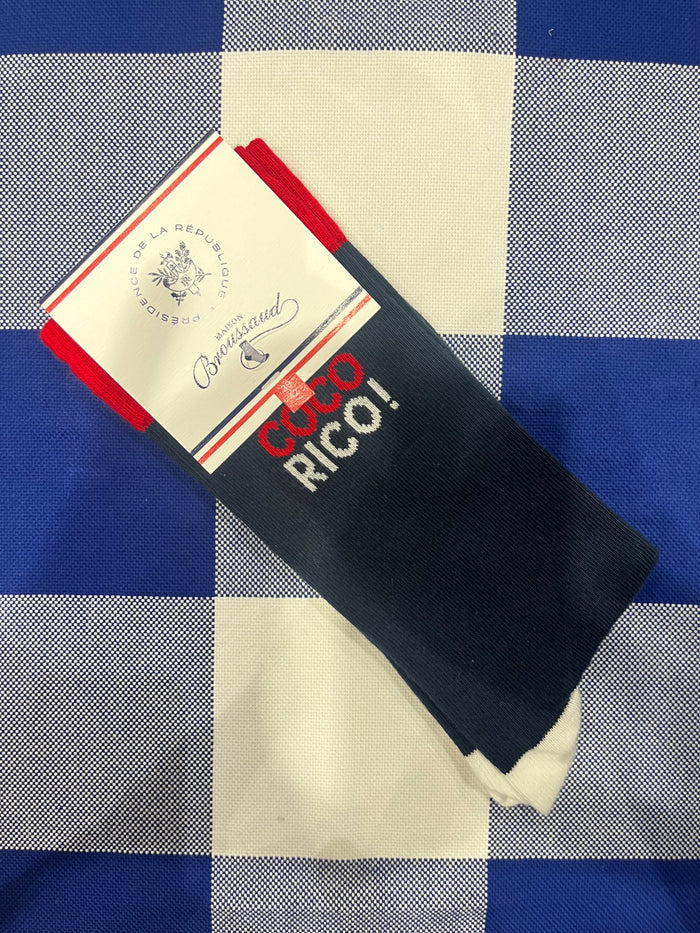 COCO RICO! (Cock-a-doodle-doo) navy socks by Maison Broussaud
