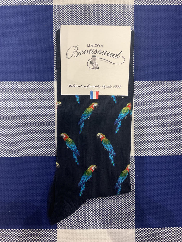 A pandemonium of parrots navy socks by Maison Broussaud