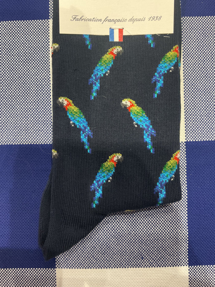 A pandemonium of parrots navy socks by Maison Broussaud