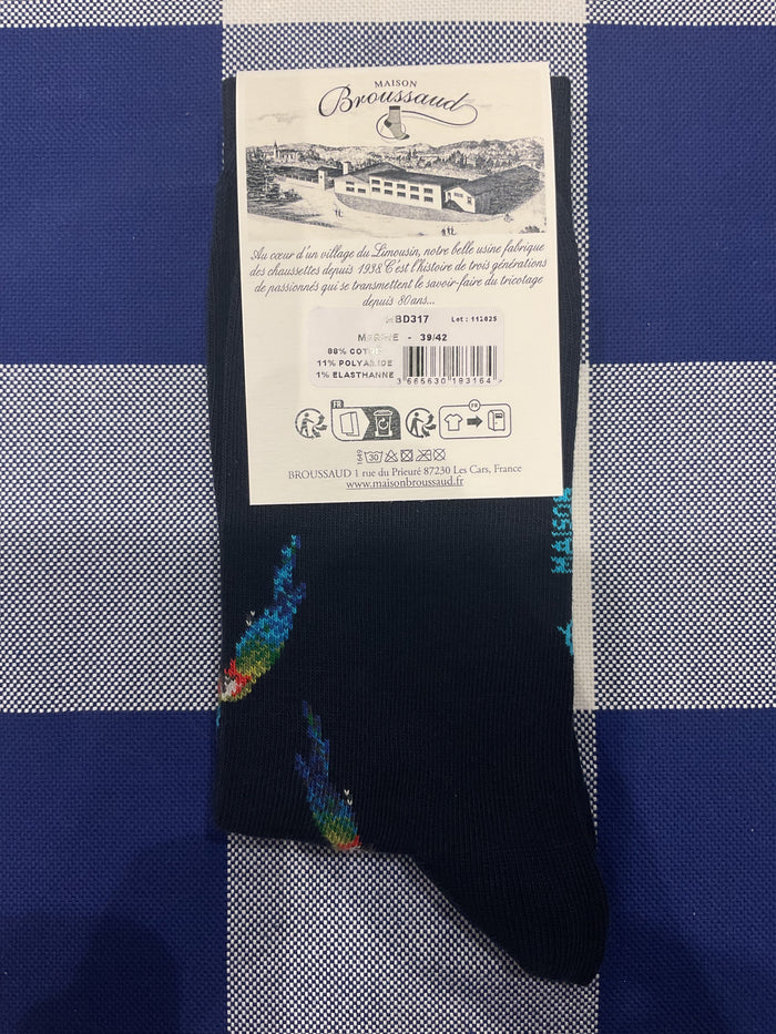 A pandemonium of parrots navy socks by Maison Broussaud