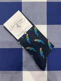 A pandemonium of parrots navy socks by Maison Broussaud