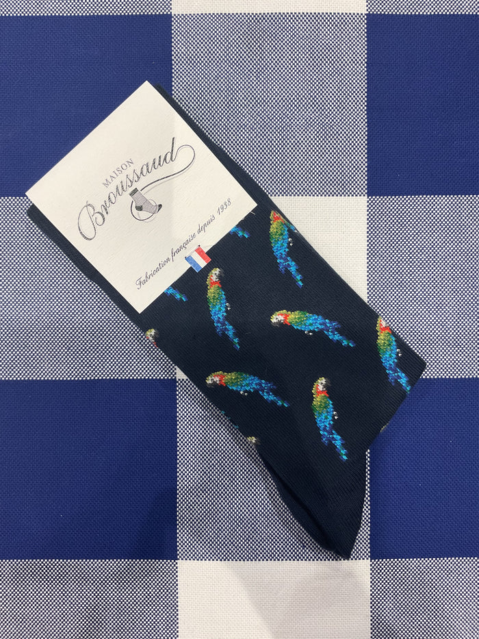 A pandemonium of parrots navy socks by Maison Broussaud