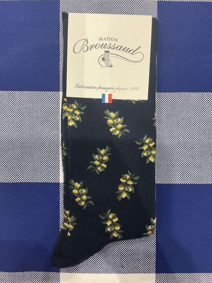 Olive branch navy socks by Maison Broussaud