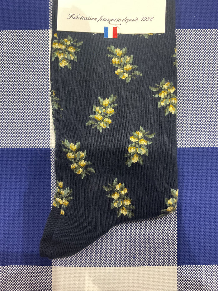 Olive branch navy socks by Maison Broussaud