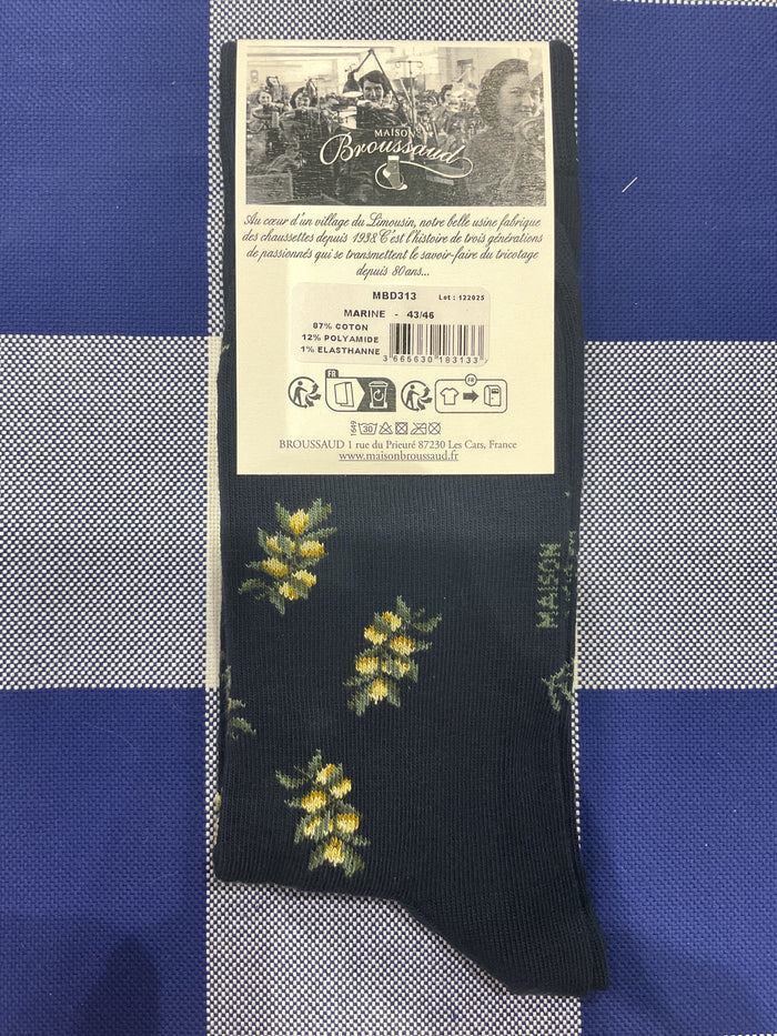 Olive branch navy socks by Maison Broussaud