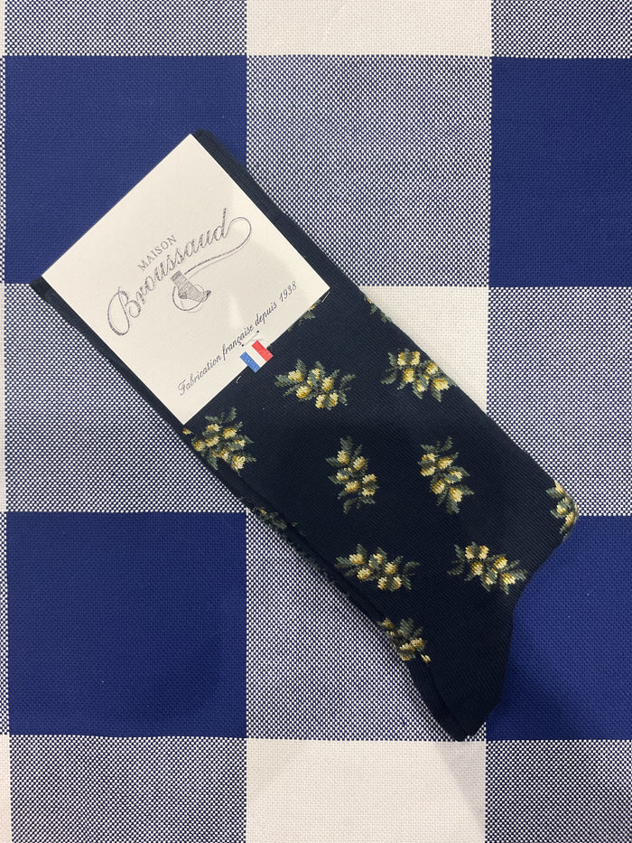 Olive branch navy socks by Maison Broussaud