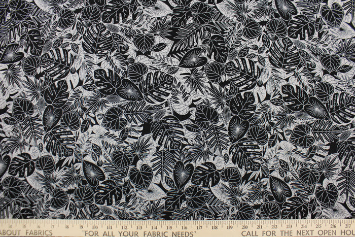 From the "Every Day Prints" collection, Monotones in Black features large tropical leaves in black and white.  The versatile lightweight fabric is soft and easy to sew.  It would be great for quilting, crafting and sewing projects.