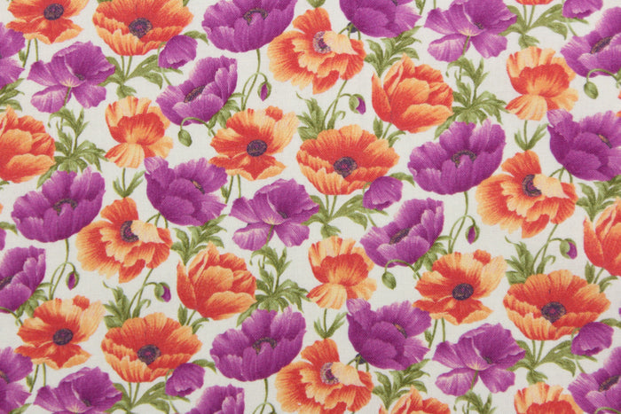 From the "Cats N Quilts" collection, Poppies in Bloom features large, vibrant poppy flowers in purple and orange on a white background.  The versatile lightweight fabric is soft and easy to sew.  It would be great for quilting, crafting and sewing projects.