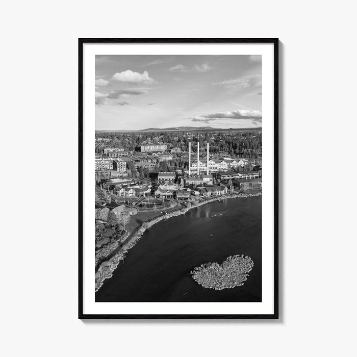 Bend Black and White Fine Art Photo Print, Old Mill District Aerial, Oregon USA