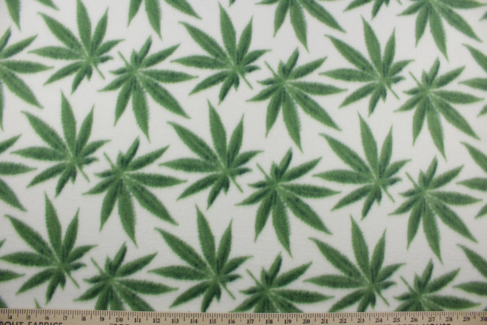 Cannabis Double Brushed Fleece Fabric in White