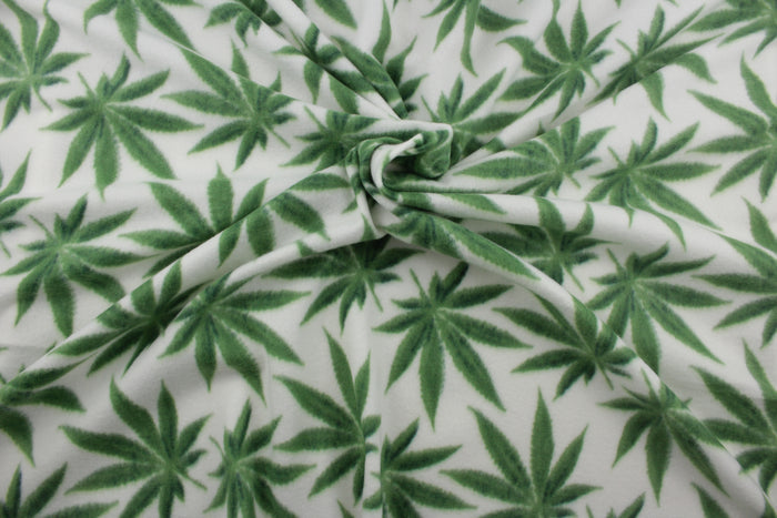 Cannabis Double Brushed Fleece Fabric in White