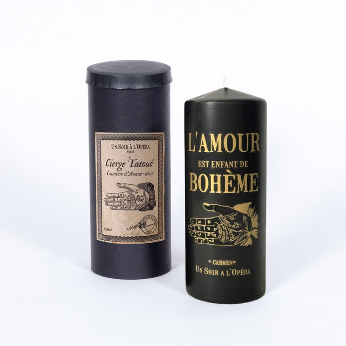 Carmen tattooed pillar fragrance free candle by Un Soir à l’Opéra