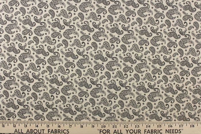 A fun paisley design in basic colors of  black set against a cream background.