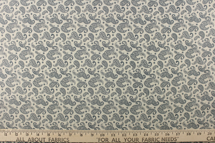 A fun paisley design in basic color of  blue set against a cream background.