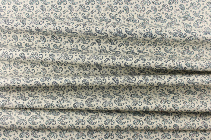 A fun paisley design in basic color of  blue set against a cream background.