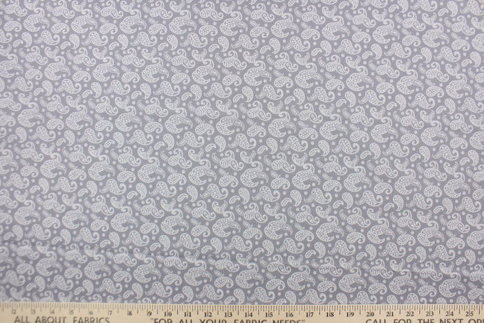 This fabric features a paisley design in white set against a gray background.