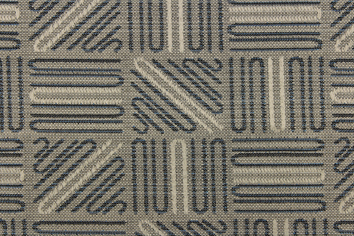This high end upholstery weight fabric features a geometric design in blue and beige on a metal gray background.  It is suited for uses that requires a more durable fabric.  The reinforced backing makes it great for upholstery projects including sofas, chairs, dining chairs, pillows, handbags and craft projects.  It is soft and pliable and would make a great accent to any room.