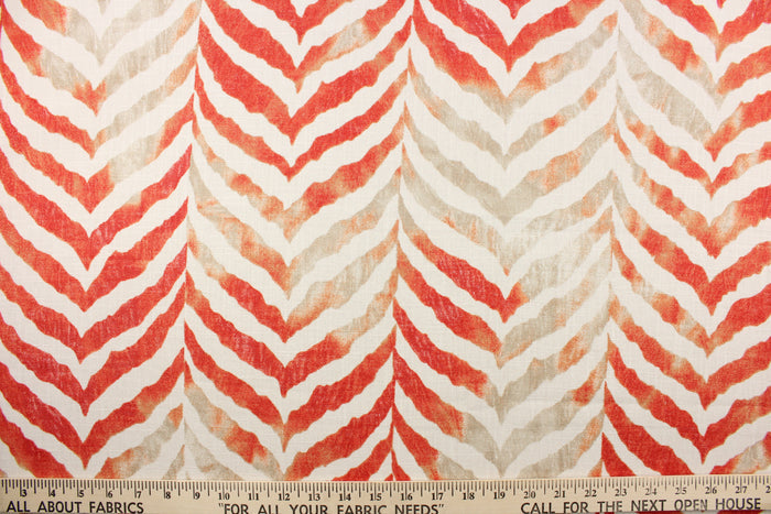 This multipurpose printed fabric features a zig zag design in dark coal, gold and brown on a white background.  It it is perfect for window treatments, decorative pillows, handbags, light duty upholstery applications.  This fabric has a soft workable feel yet is stable and durable with 12,000 double rubs.