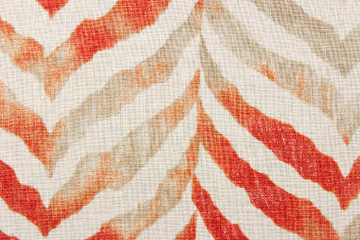 This multipurpose printed fabric features a zig zag design in dark coal, gold and brown on a white background.  It it is perfect for window treatments, decorative pillows, handbags, light duty upholstery applications.  This fabric has a soft workable feel yet is stable and durable with 12,000 double rubs.