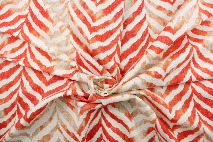 This multipurpose printed fabric features a zig zag design in dark coal, gold and brown on a white background.  It it is perfect for window treatments, decorative pillows, handbags, light duty upholstery applications.  This fabric has a soft workable feel yet is stable and durable with 12,000 double rubs.