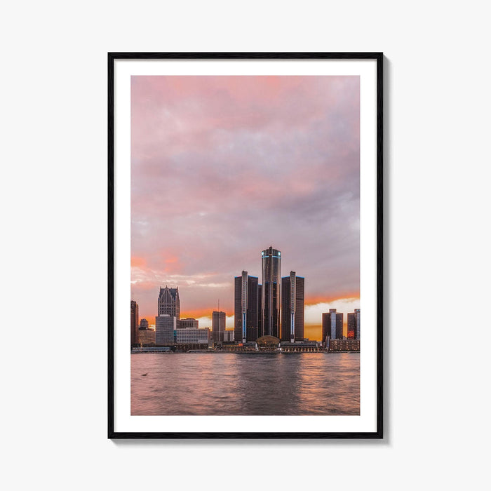 Detroit Red Skyline Fine Art Photo Print, Downtown Riverwalk, Michigan USA Wall Poster