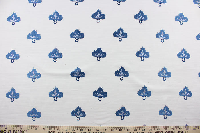 Effortlessly elevate any space with the versatile and elegant Embroidered August in Twilight.  The finely embroidered medium blue medallion with pearl grey accents, set against a white background adds a touch of sophistication to drapery, pillows, light upholstery, table runners, bedding, headboards, home décor, and even apparel. Perfect for any style or purpose.