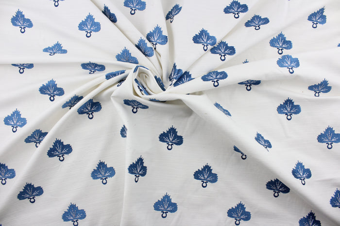 Effortlessly elevate any space with the versatile and elegant Embroidered August in Twilight.  The finely embroidered medium blue medallion with pearl grey accents, set against a white background adds a touch of sophistication to drapery, pillows, light upholstery, table runners, bedding, headboards, home décor, and even apparel. Perfect for any style or purpose.
