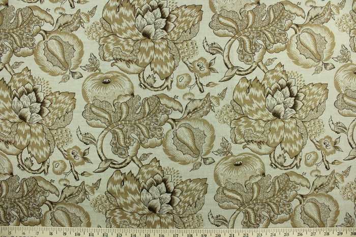 This multi purpose linen/cotton blend fabric features a large scale floral  and fruit vine in various shades of brown.  It can be used for several different statement projects including window accents (drapery, curtains and swags), decorative pillows, hand bags, bed skirts, duvet covers, upholstery and craft projects.