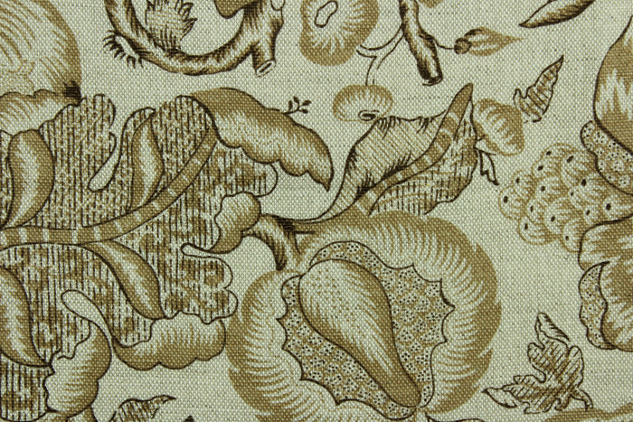 This multi purpose linen/cotton blend fabric features a large scale floral  and fruit vine in various shades of brown.  It can be used for several different statement projects including window accents (drapery, curtains and swags), decorative pillows, hand bags, bed skirts, duvet covers, upholstery and craft projects.