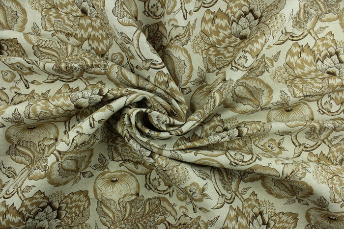 This multi purpose linen/cotton blend fabric features a large scale floral  and fruit vine in various shades of brown.  It can be used for several different statement projects including window accents (drapery, curtains and swags), decorative pillows, hand bags, bed skirts, duvet covers, upholstery and craft projects.