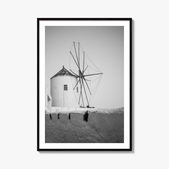 Santorini Black and White Fine Art Photo Print, Oia Windmill Greece Poster