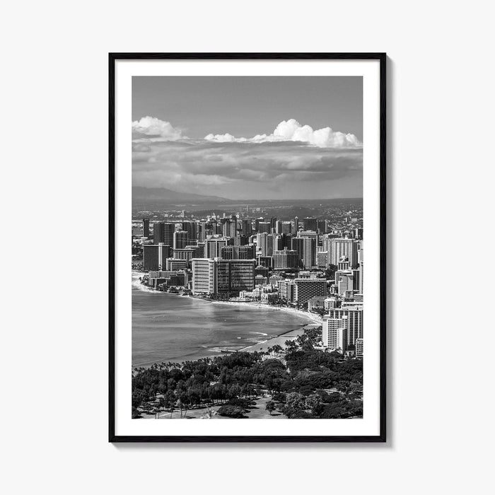 Honolulu Skyline Black and White Fine Art Photo Print, Waikiki Beach, Oahu Hawaii Poster