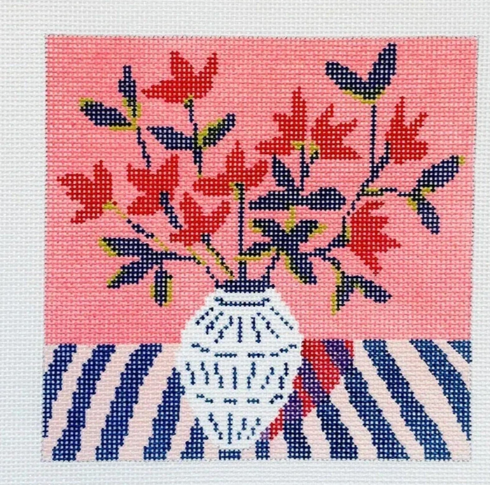 Jacinda Boneau Red Flower Blue Vase Needlepoint Canvas
