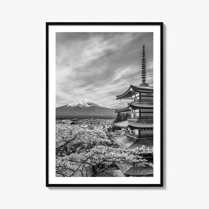Fujiyoshida Black and White Fine Art Photo Print, Mount Fuji, Chureito Pagoda Poster