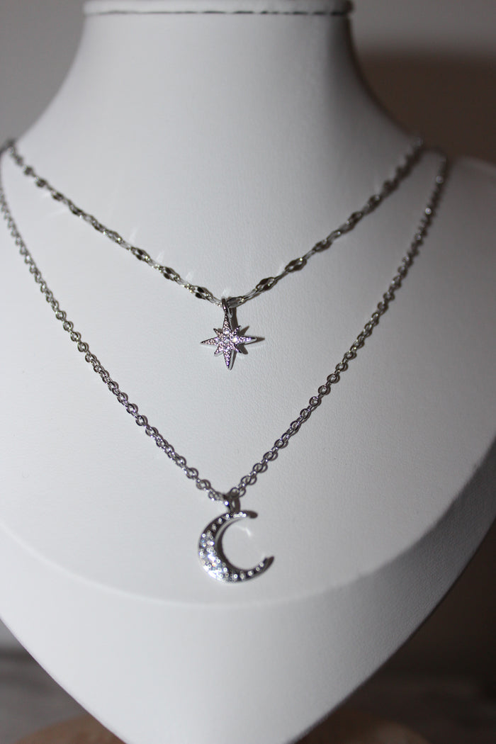 Layered Star/Moon Silver Necklace