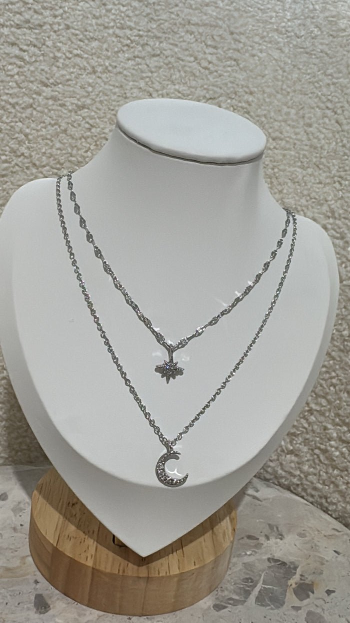 Layered Star/Moon Silver Necklace