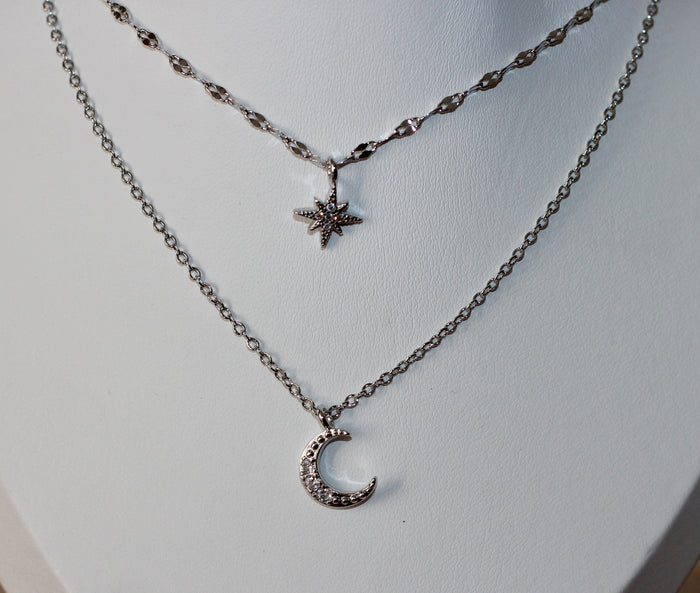 Layered Star/Moon Silver Necklace