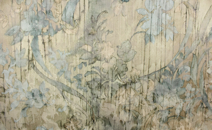 This jacquard fabric features a floral design in turquoise, green, beige, and hints of gray.