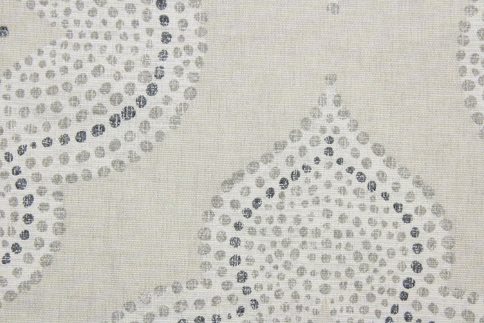 This fabric features a fun geometric print design.  The versatile fabric is perfect for window accents (draperies, valances, curtains and swags) cornice boards, accent pillows, bedding, headboards, cushions, ottomans, slipcovers and upholstery.  It has a soft workable feel yet is stable and durable with 50,000 double rubs.  Colors include grey, crème, putty and sand beige.