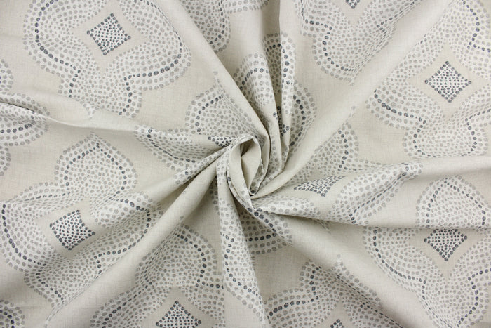 This fabric features a fun geometric print design.  The versatile fabric is perfect for window accents (draperies, valances, curtains and swags) cornice boards, accent pillows, bedding, headboards, cushions, ottomans, slipcovers and upholstery.  It has a soft workable feel yet is stable and durable with 50,000 double rubs.  Colors include grey, crème, putty and sand beige.