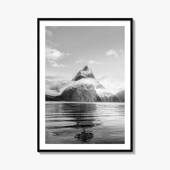 Milford Sound Black and White Fine Art Photo Print, Mitre Peak, New Zealand Poster