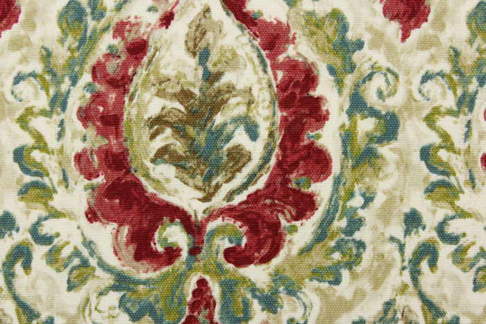 This fabric features a damask design in green, teal, cherry red, brown, beige, and cream.