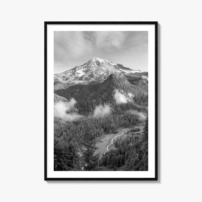 Mount Rainier Black and White Fine Art Photo Print, Washington USA, Nisqually River Poster