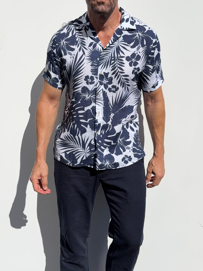 Navy & White Camp Party Shirt on Linen - Small Batch #676
