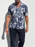 Navy & White Camp Party Shirt on Linen - Small Batch #676