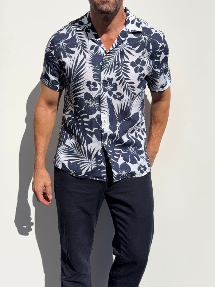 Navy & White Camp Party Shirt on Linen - Small Batch #676