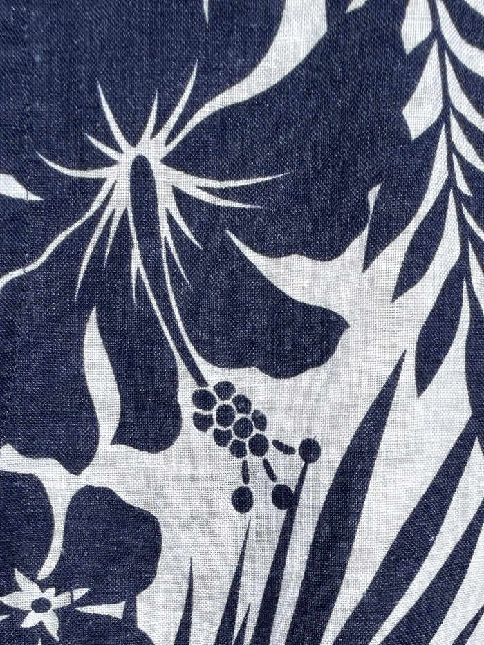 Navy & White Camp Party Shirt on Linen - Small Batch #676