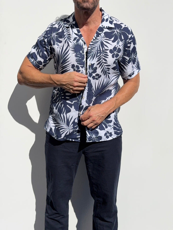 Navy & White Camp Party Shirt on Linen - Small Batch #676