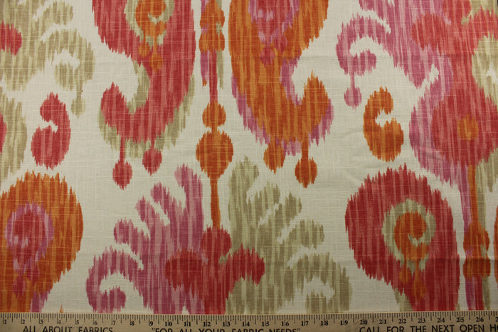 Experience the versatility of P Kaufmann© Salma in Sunshine. This vibrant linen blend features an ikat design in orange, tan, pink, and off-white. Its soil and stain repellent properties provide long-lasting durability, with 15,000 double rubs. The versatile fabric is perfect for window accents (draperies, valances, curtains and swags) cornice boards, accent pillows, bedding, headboards, cushions, ottomans, slipcovers and upholstery. <span data-mce-fragment="1">&nbsp;</span>