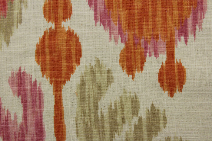 Experience the versatility of P Kaufmann© Salma in Sunshine. This vibrant linen blend features an ikat design in orange, tan, pink, and off-white. Its soil and stain repellent properties provide long-lasting durability, with 15,000 double rubs. The versatile fabric is perfect for window accents (draperies, valances, curtains and swags) cornice boards, accent pillows, bedding, headboards, cushions, ottomans, slipcovers and upholstery. <span data-mce-fragment="1">&nbsp;</span>